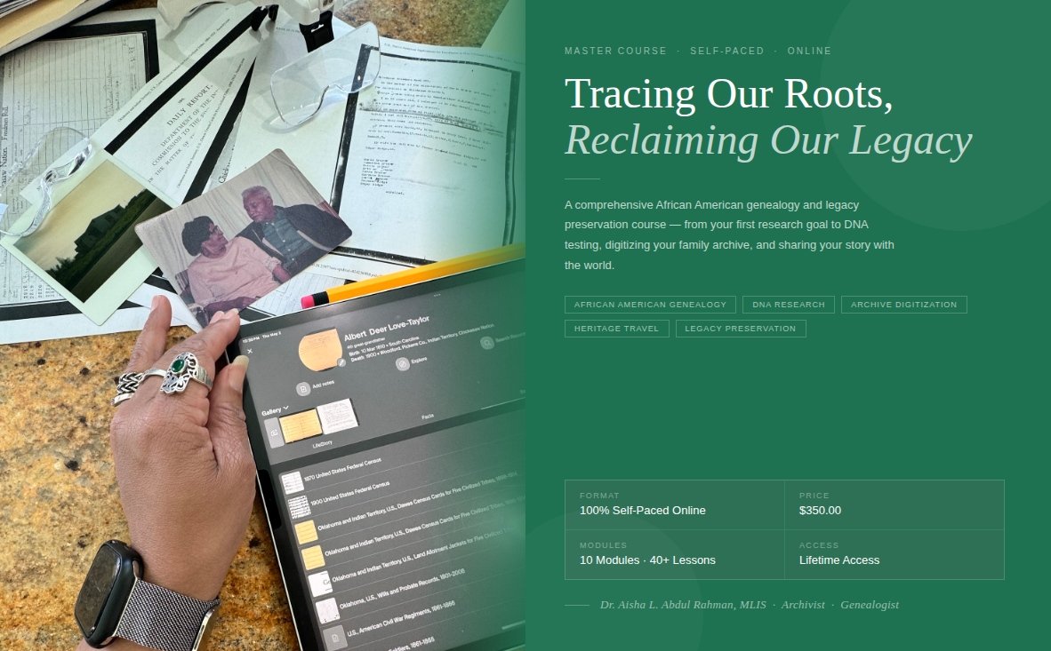 Hero banner reading "Tracing Our Roots, Reclaiming Our Legacy" with hands sorting old photographs