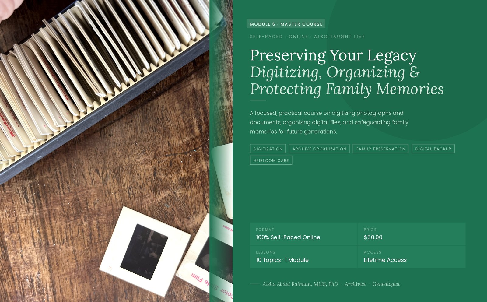 Hero banner reading "Preserving your family history" image of photo slides