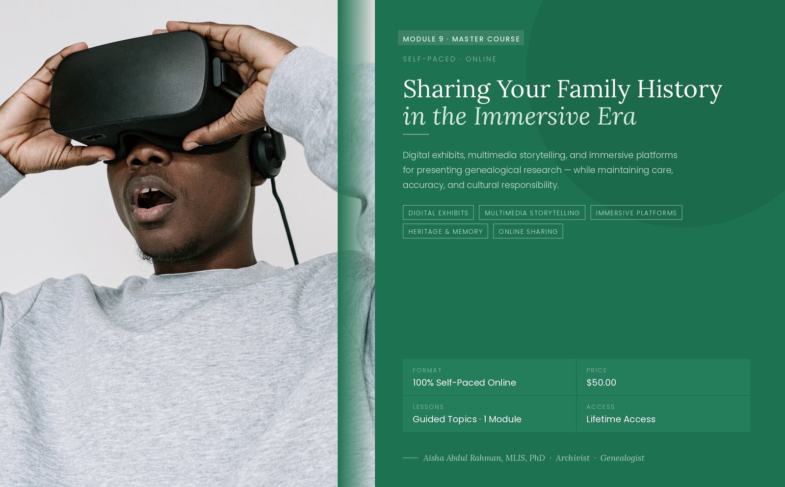 Hero banner reading "Sharing Your Family History in the Immersive Era" with a figure in a VR headset