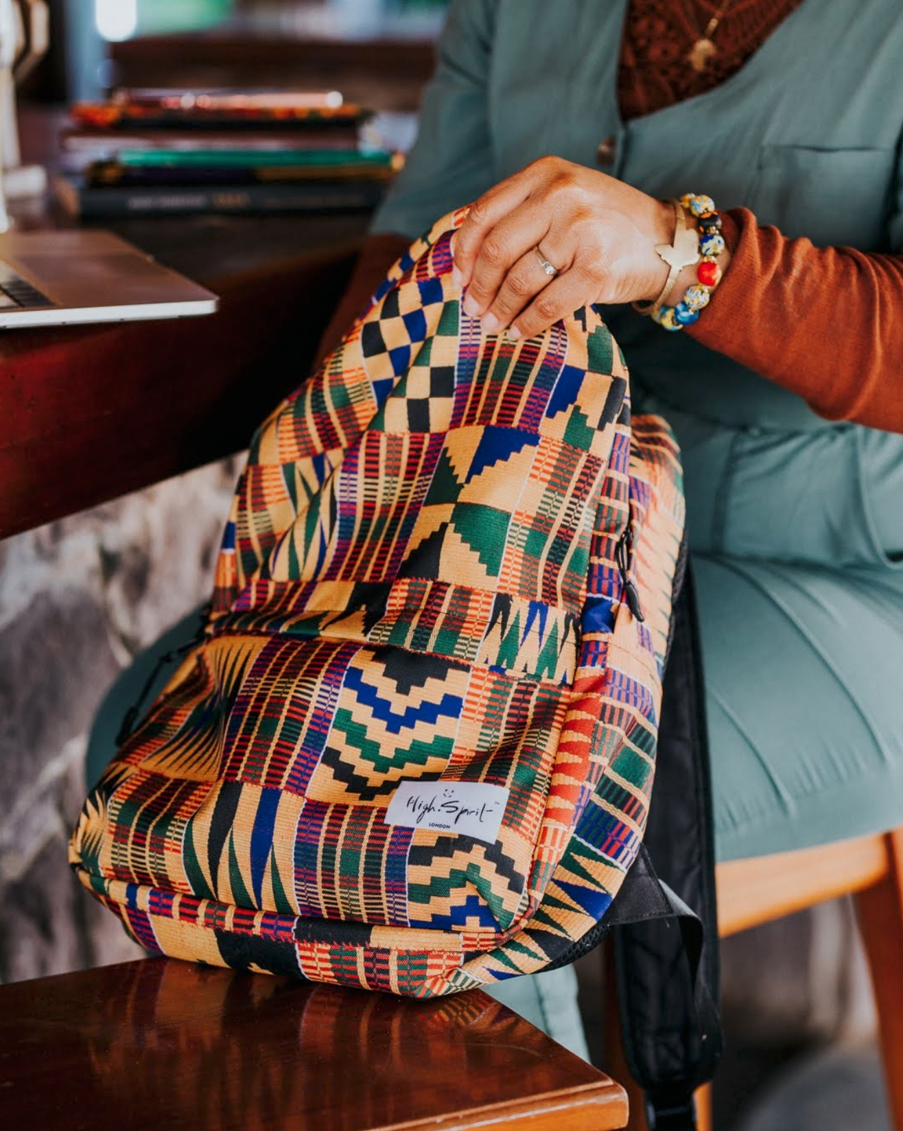 Kente cloth backpack product photography