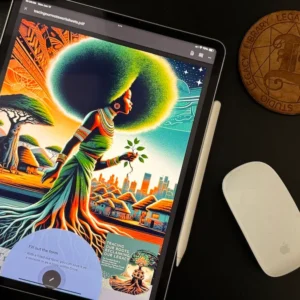 Tablet on a desk displaying the Tracing Our Roots genealogy workbook cover
