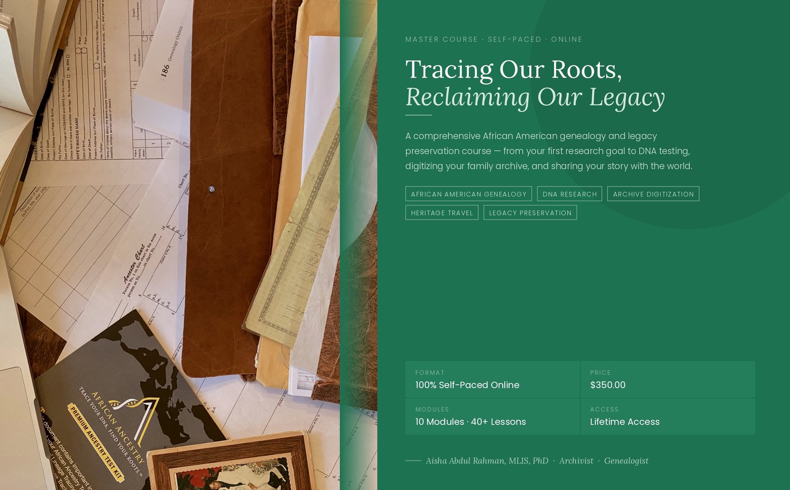 Hero banner reading "Tracing Our Roots, Reclaiming Our Legacy" with hands sorting old photographs