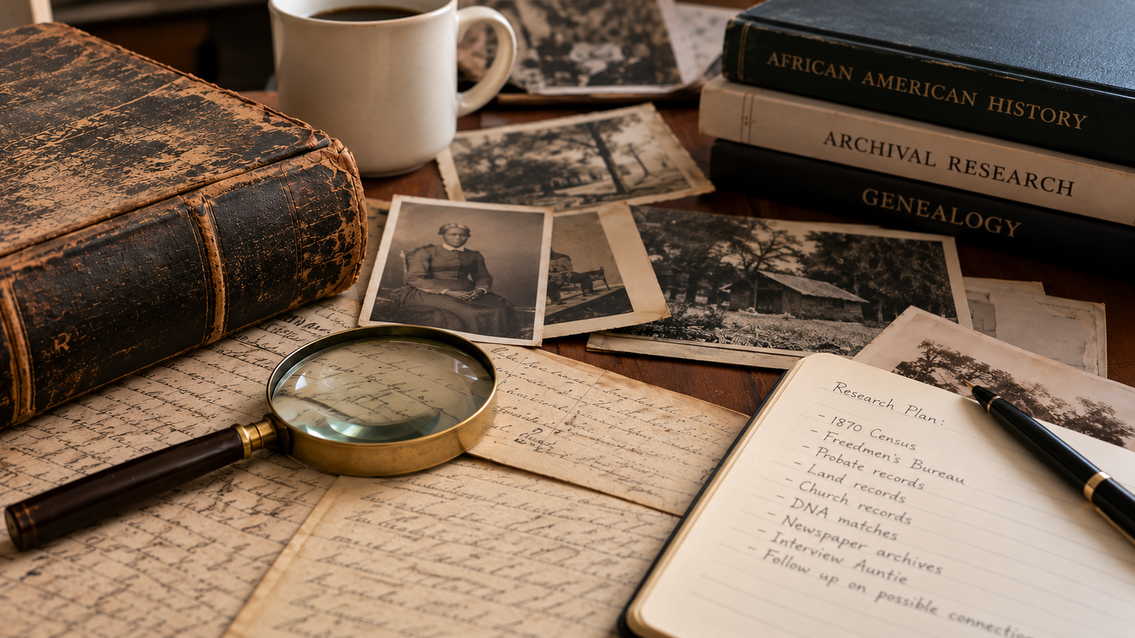 Vintage family photographs, handwritten records, a magnifying glass, and research notes arranged on a desk for African American genealogy research.