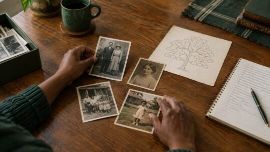 Hands arranging family photographs beside a handwritten family tree and research notes on a table.