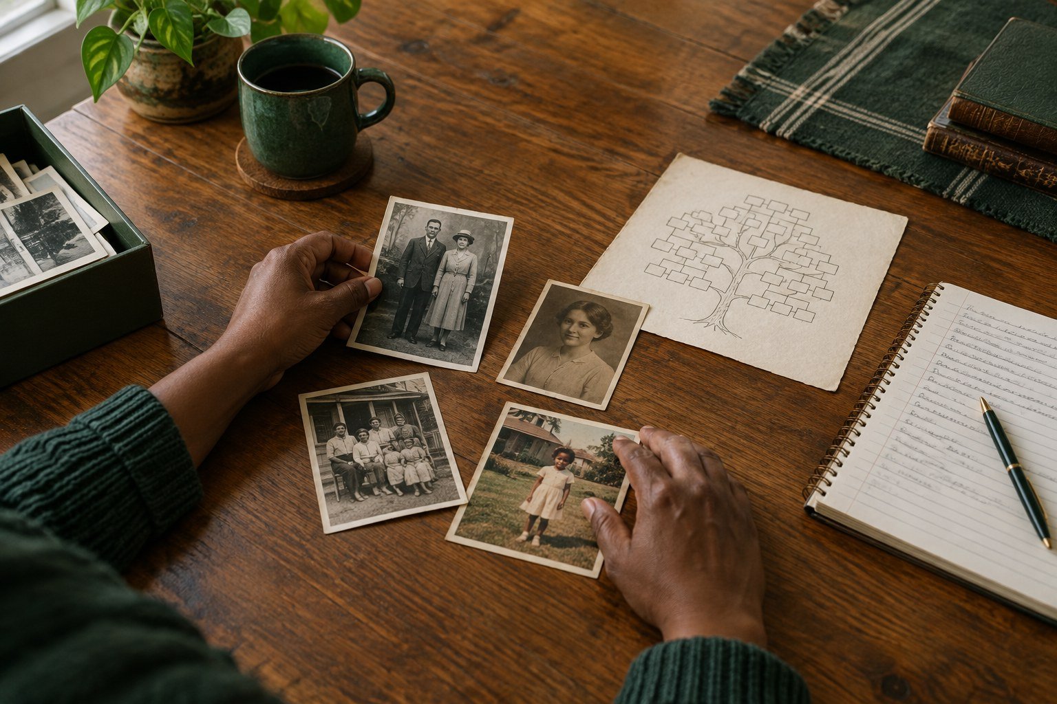 Hands arranging family photographs beside a handwritten family tree and research notes on a table.